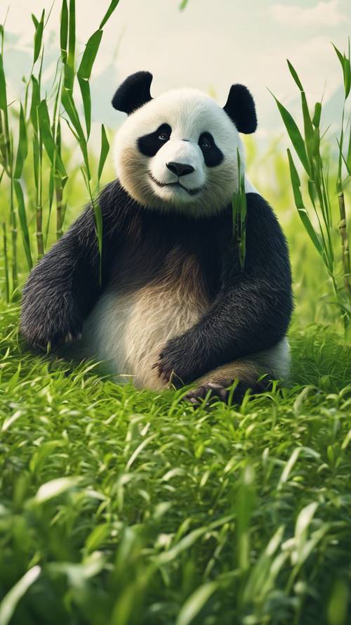 一隻孤獨而優雅的熊貓坐在生機勃勃的綠草叢生的廣闊山丘上，品嚐著甜竹。