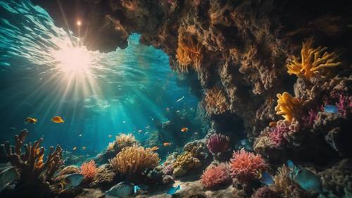 A colorful and vibrant underwater cave teeming with exotic marine life, coral formations, and shafts of sunlight filtering down from the surface.