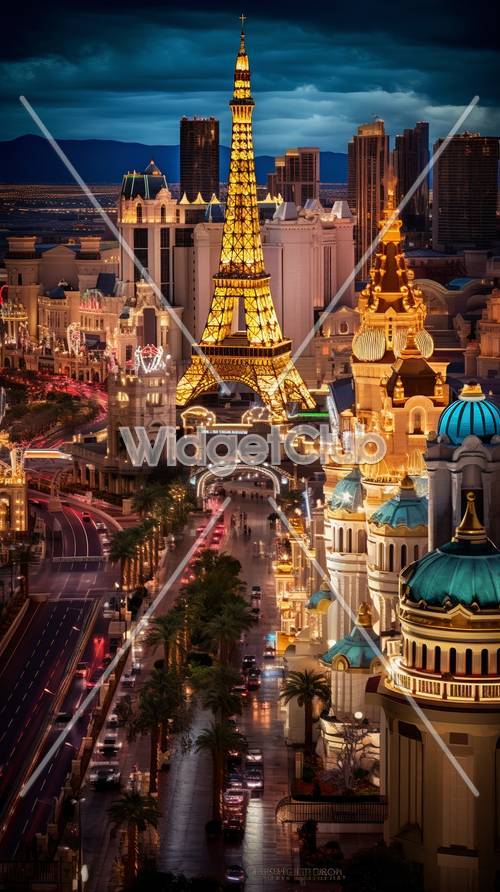 Luzes brilhantes e pontos turísticos famosos de Las Vegas à noite