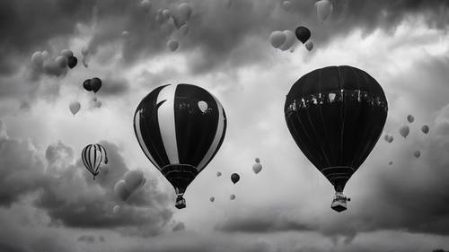 A dramatic view of black and white balloons contrasting against a stormy sky.