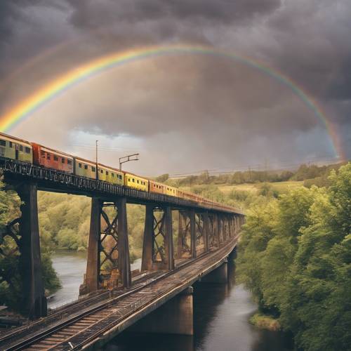 Un train traversant un pont ferroviaire sous un arc-en-ciel aux tons neutres.