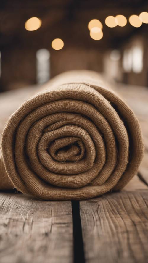 Una visión amplia de un rollo de tela de arpillera sobre una mesa de madera en una fábrica textil antigua.