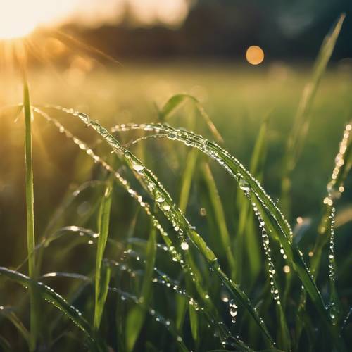 Morgentau auf Grashalmen im Licht der aufgehenden Sonne, der die friedliche Stille einer warmen Sommermorgendämmerung einfängt.