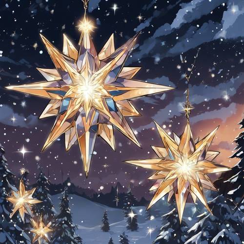 Uma imagem em estilo anime de uma linda estrela de Natal brilhando intensamente em um céu escuro de inverno.