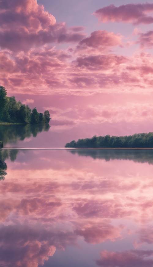 A serene landscape featuring a cotton candy sky reflected in a calm lake.