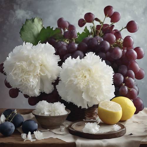 一幅荷兰风格的静物画，其中有白色康乃馨、麝香葡萄和去皮的柠檬。