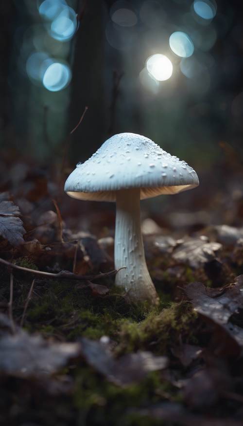 Jamur putih dengan topi hitam gelap bersinar menawan di hutan yang diterangi cahaya bulan.
