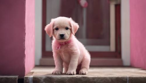 Um cachorrinho rosa solitário esperando ansiosamente que seu dono volte para casa.