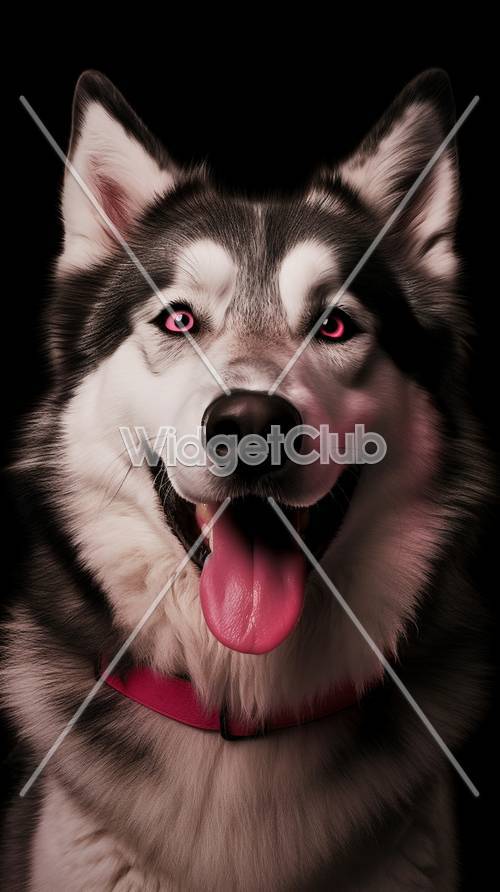 Perro Husky de ojos rojos brillantes sonriendo