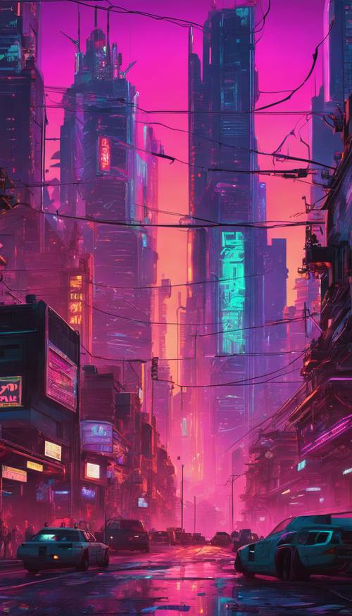 Un paesaggio urbano cyberpunk al tramonto, pieno di grattacieli adornati da insegne al neon.