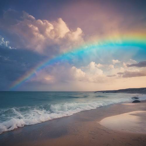 Ombre del crepuscolo sotto un incantevole arcobaleno blu su una tranquilla spiaggia sul mare.
