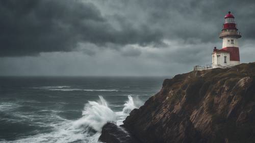 A lighthouse standing firm on a cliff during a violent storm.