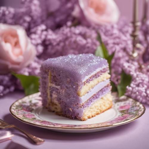 Uma fatia de bolo glitter lilás servida em um prato floral vintage.
