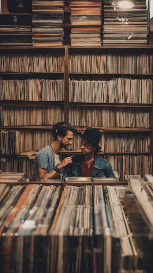 A cozy vintage record shop with rows of vinyls, a record player playing some tunes, and customers browsing through the collection.