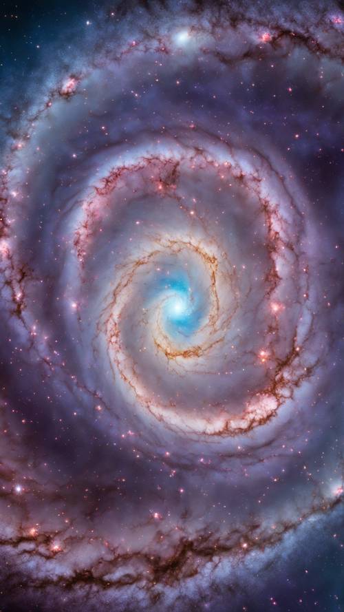 Mor ve mavinin canlı tonlarındaki Whirlpool Galaksisinin zamansız bir görünümü.