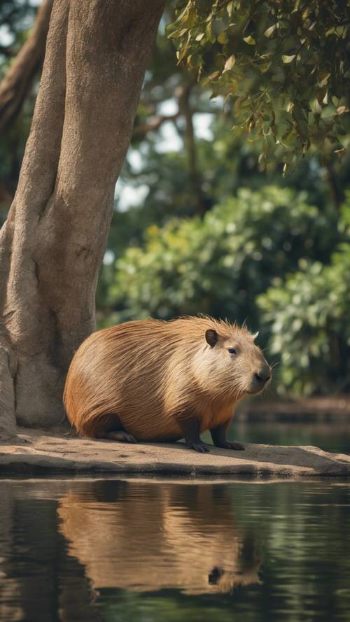 Un capybara se reposant paresseusement près d’un plan d’eau tranquille, à l’ombre d’un arbre géant.