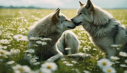 Two green wolves playfully wrestling in a field of daisies. Wallpaper [cdb8ac0cf24f42f0a8f1]