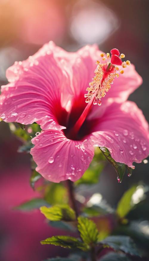 晨曦中，一朵沾满露珠的亮粉色芙蓉花的微距景观。