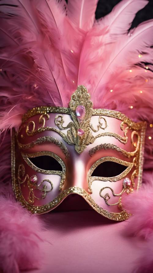 An elaborate pink and gold carnival mask with feathers and sequins.