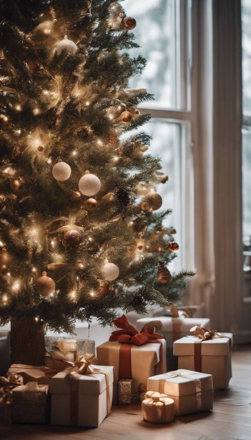 Ein hyggelig weihnachtliches Interieur mit einem einfachen Holzbaum und dezenten festlichen Akzenten