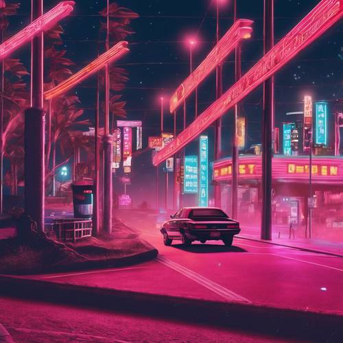 Eine einsame Autobahn, erleuchtet von Neonschildern und Straßenlaternen, dargestellt im Vaporwave-Stil.