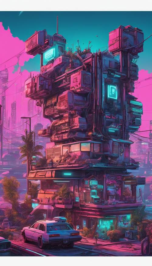 A suburban landscape being transformed into a cyberpunk metropolis, with robots and drones hovering.