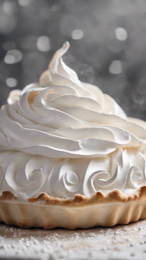 馅饼上，有白色纹理的蛋白饼，甜美而柔软，呈漩涡状。