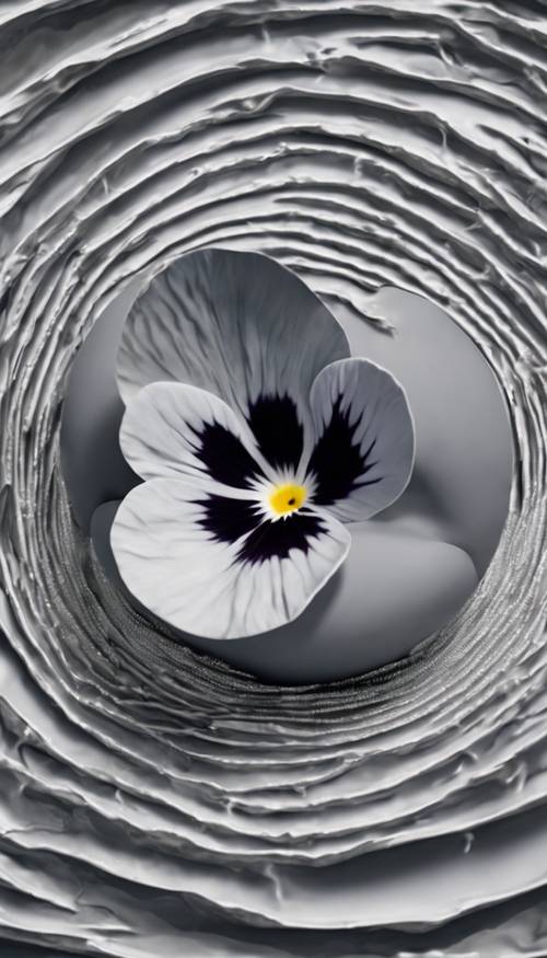 A surrealist art piece featuring a psychoactive gray pansy emerging from a swirling vortex.