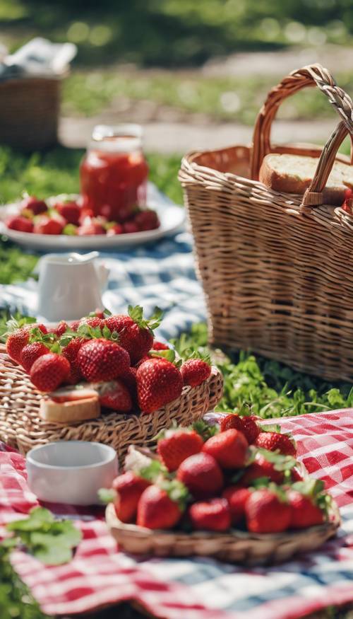 Un grupo de fresas de muy buen gusto haciendo un picnic en un parque, con mantas de cuadros, cestas antiguas y sándwiches.