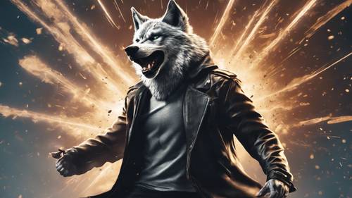 멋진 가죽 재킷을 입고 역동적인 폭발을 배경으로 등장하는 늑대 슈퍼히어로를 코믹한 스타일로 표현한 일러스트입니다.