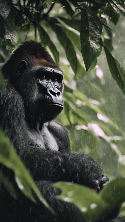 Um gorila triste em um dia chuvoso, olhando sob o abrigo de folhas gigantes.