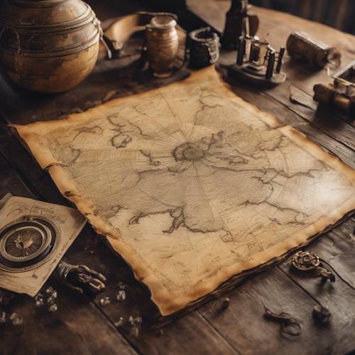 An ancient parchment map with high detail and historical landmarks, spread out on an old wooden table