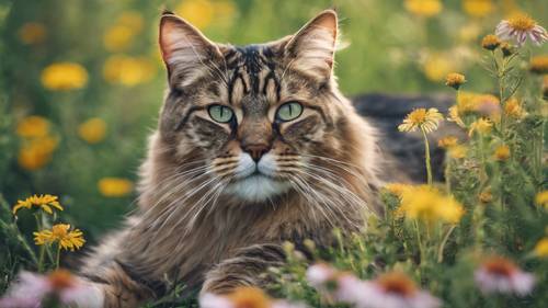 Un gatto Maine Coon molto grande, disteso in una macchia di fiori di campo in una calda giornata estiva.