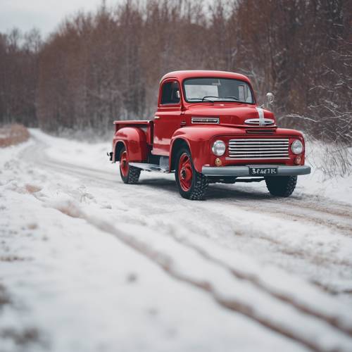 Un camión rojo antiguo circulando por un campo nevado.