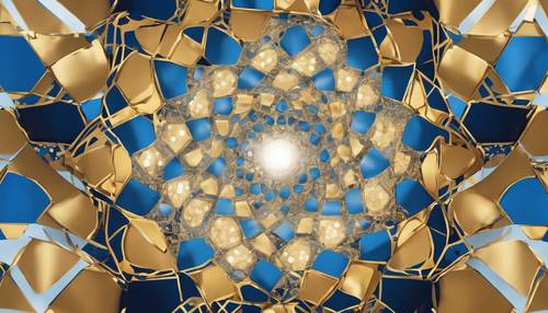 Una sinfonia visiva di forme geometriche in tonalità contrastanti di blu e oro.