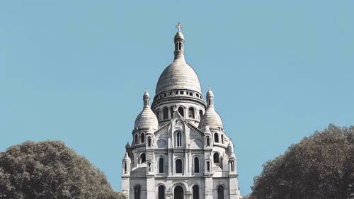 Un boceto minimalista del Sacre Coeur destacándose contra un cielo azul claro.
