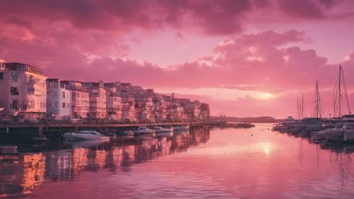 Uma cidade litorânea banhada pelos tons rosados ​​de um pôr do sol.