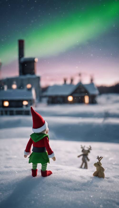 Arkaplanda terk edilmiş bir oyuncak fabrikası varken, karda duran ve auroralarla dolu gökyüzüne bakan üzgün bir Noel elfi.