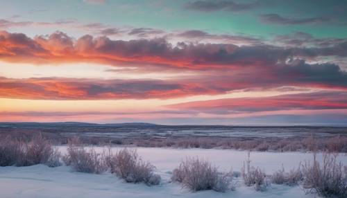 Ein Bild der eisigen Tundra mit einem sichtbaren Polarlicht, das den Himmel in leuchtende Farben taucht und sich in den schneebedeckten Ebenen darunter spiegelt. Hintergrund [5c460bb6991b4995abde]
