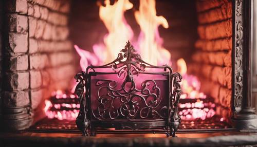 A pink fire nestled within an ornate, antique iron fireplace.