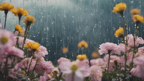 Representación surrealista del mes de abril con lluvia y flores floreciendo.