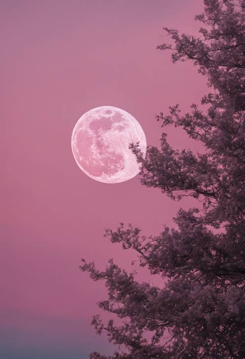 A silver moon rising in a pink twilight sky.
