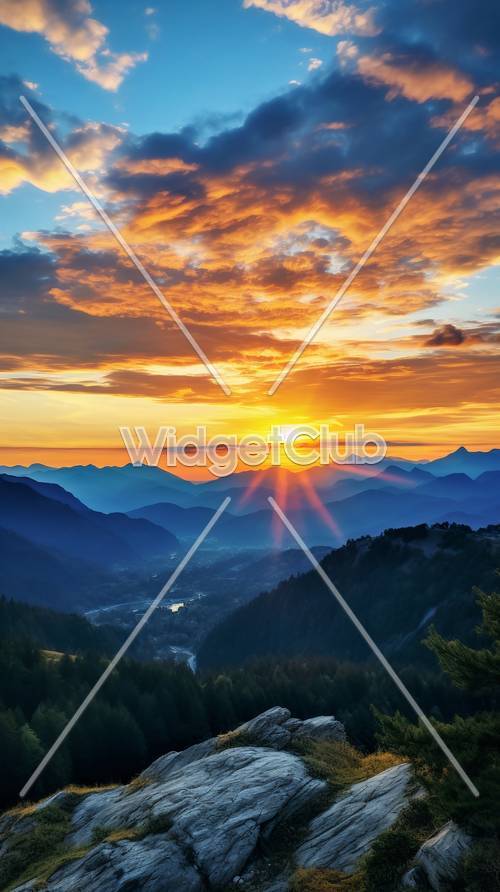 Sunset Over Misty Mountains Tapet [2e3ee9dbb9b046fd880d]
