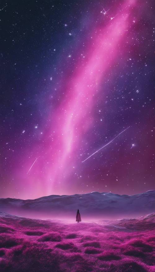 Surrealistyczna scena różowej i fioletowej zorzy polarnej na tle usianej gwiazdami galaktyki.