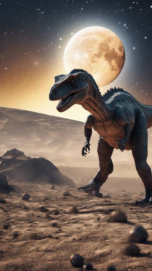 A dreamy image of a dinosaur walking across a lunar landscape amidst the stars.