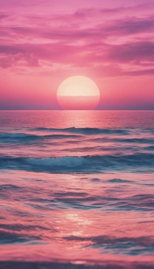 A digital art piece of a pink and blue ombre sunset over a vast ocean.