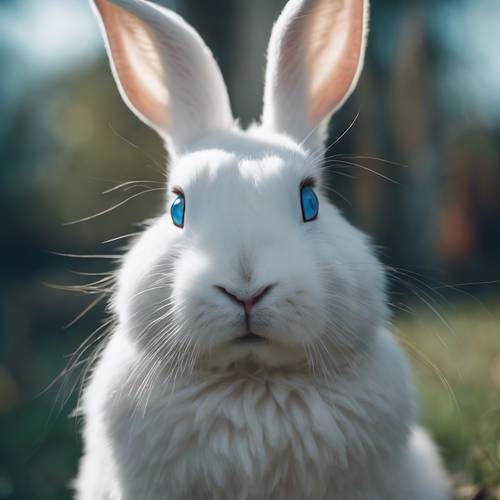 Weißes Kaninchen mit ungewöhnlich blauen Augen, das selbstbewusst dasteht.