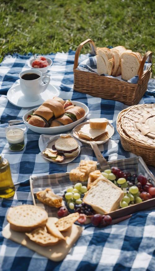 Una graziosa coperta da picnic scozzese blu e bianca stesa su un campo erboso con un cestino da picnic e panini.