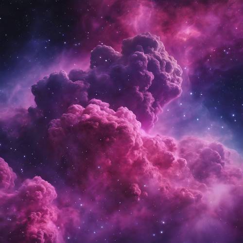Pemandangan pesawat ruang angkasa dari awan gas besar berwarna ungu dan merah muda yang membentuk nebula di galaksi.