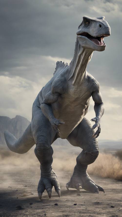 A gray dinosaur paused mid-stride as it senses danger in the wind.